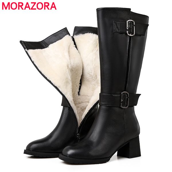 

morazora big size 35-43 genuine leather boots nature sheep wool snow boots women square high heels warm winter knee high, Black