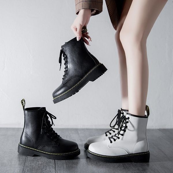 

winter motorcycle women ankle snow boot soft leather wedges rubber platform lace up punk ladies shoes botas mujer, Black