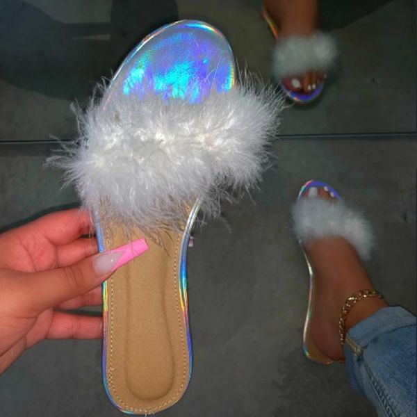 

летней женщины дамы слайды моды тапочки повседневный перо пушистый плюша open toe плоский пляж обувь вьетнамки sandalias mujer # g3, Black