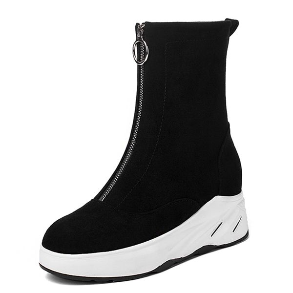 

lightweight thick-soled inner increase simple zipper winter women's boots flat-heel sports mid-calf boots gray plush shoes, Black