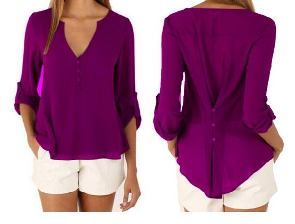 

women plus size elegant v-neck casual fashion blouses long sleeved chiffon autumn spring summer tees 2020 new, White