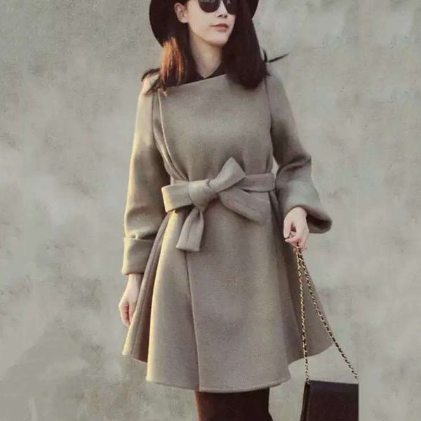 

casual round collar women elegant coats winter lace up warm long coats, Black