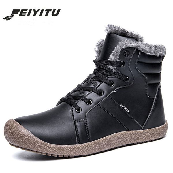 

boots feiyitumen 2021 winter snow with warm fur fashion pu leather mans footwear shoes casual rubber ankle, Black