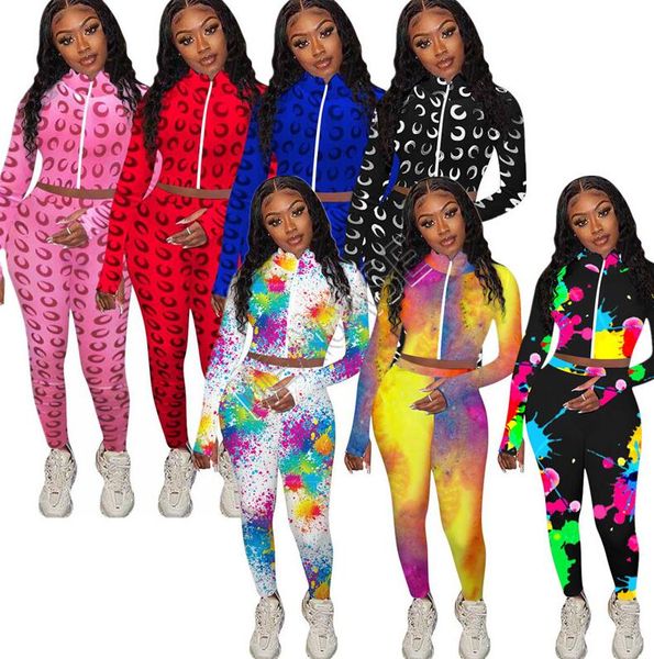 

женщины tracksuit конструктор полный печати tie-краситель печатные zipper finger пальто с длинным рукавом куртки спортивные штаны брюки набо, Gray