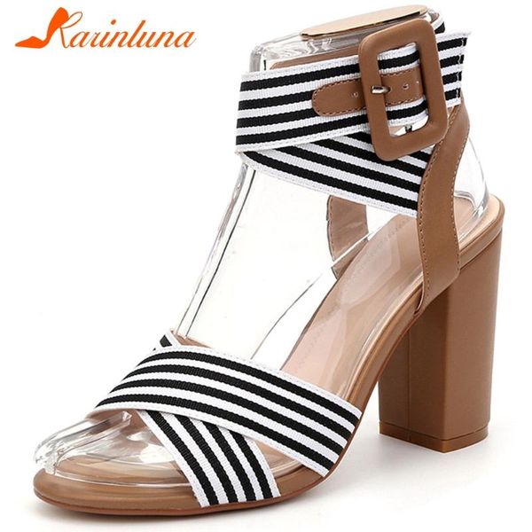 

karin retro lady 2020 party casual sandals striped ankle strap high heels women sandals summer gladiator women shoes, Black