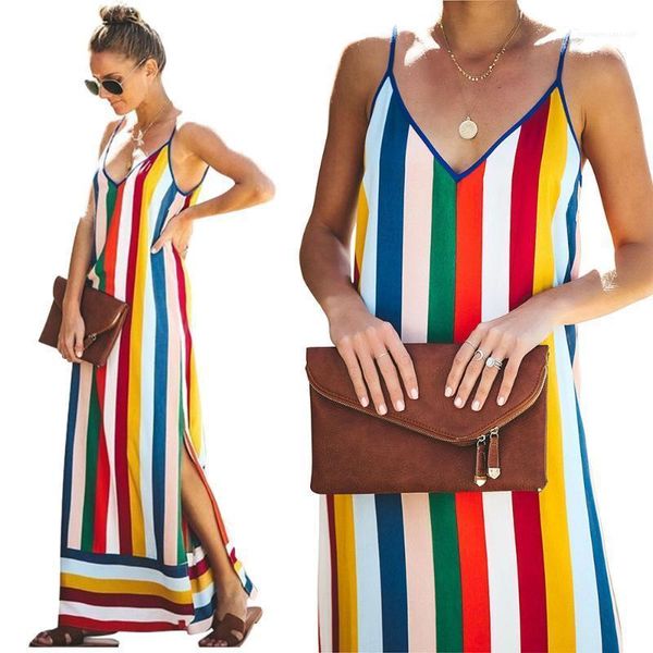 

v-образный вырез спагетти ремень длинные повседневный длинные дробить дизайнер платье радуги полосатого платье женщин, Black;gray