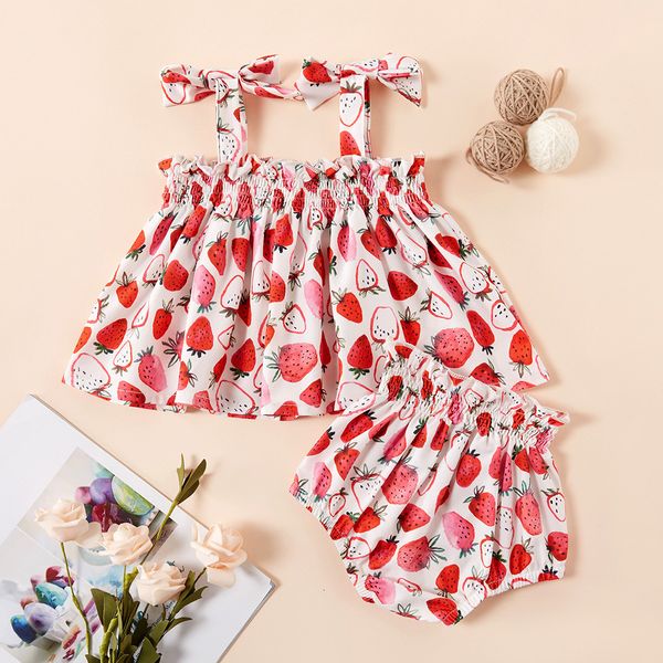 

korean girls sets new children sleeveless bow flower strawberry strap skirt t-shirt shorts 2pcs kids suit fashion child clothes, White