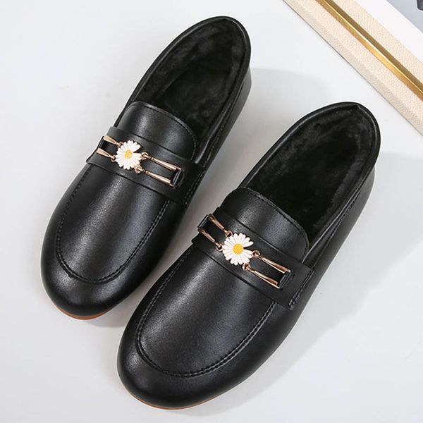 

2020 daisy small leather shoes for women ballerina cozy warm plush loafers woman flats sun flower large size 34-43 oxfords women, Black