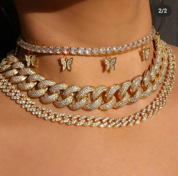 

hibride butterflys charms pendant tennis chain choker necklace iced out cubic zirconia bling hip hop jewelry set women s n-1414, Silver