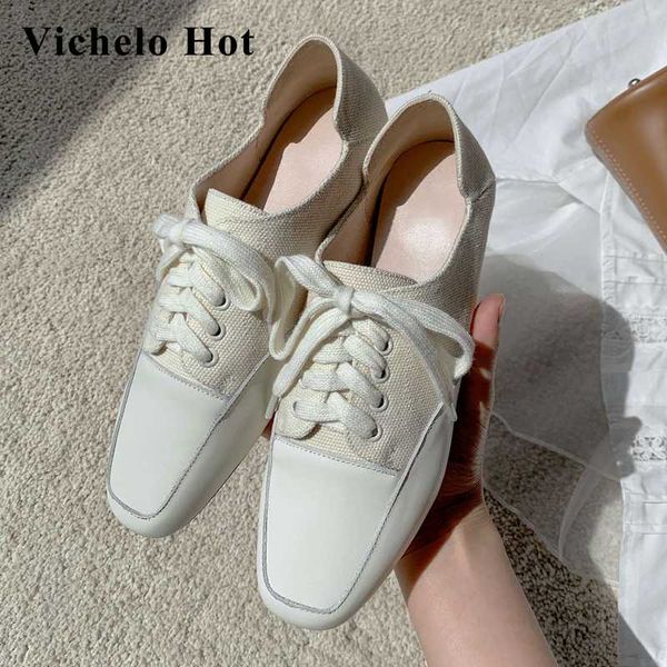 

vichelo genuine leather small square toe handmade brand shoes lace up preppy style young lady women flats l2f5, Black
