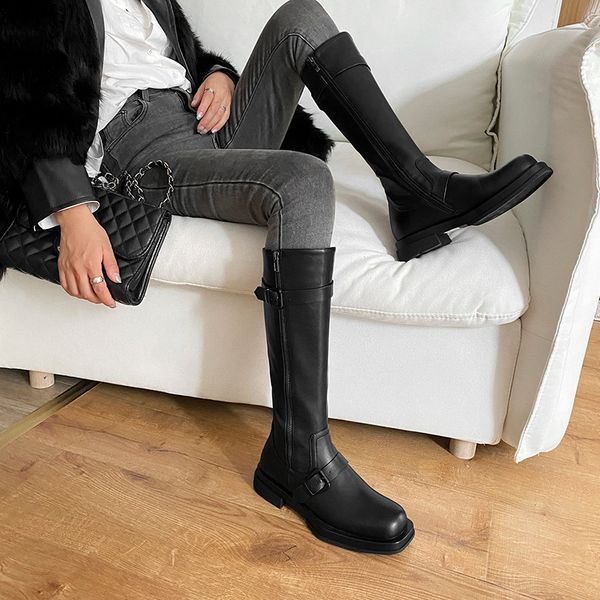 

2020 new products for fall/winter first layer cowhide belt buckle high boots square toe knight boots, Black