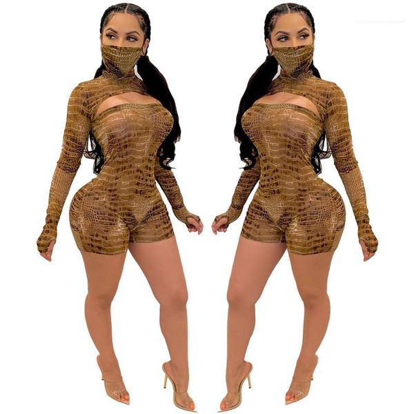 

crocodile skin printed hollow out long sleeve rompers fashion ladies clothing autumn womens designer jumpsuits sexy, Black;white