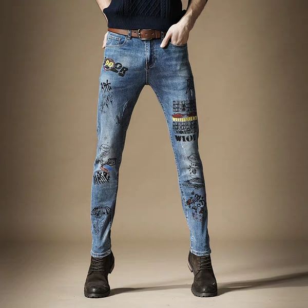 

new 2020 men's male jeans trousers spring slim hip hop print long pants boys korean street trend pants, Blue