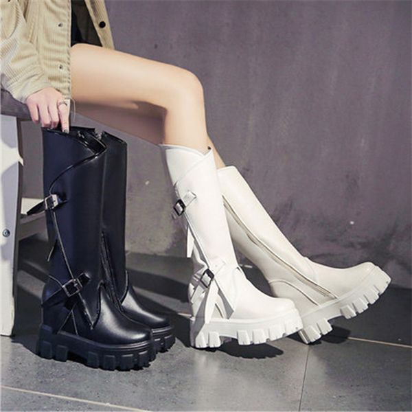 

high boots women autumn winter warm side zipper knights' boots women round toe chunky platforms knee high eu 34-39, Black