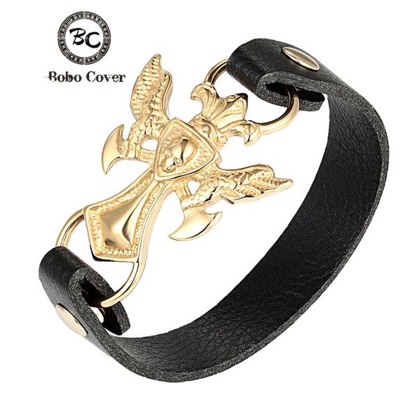 

tennis arrival skull punk stainless steel genuine leather bracelet men gold charm anchor angle bracelets for luxury jewelry, Golden;silver