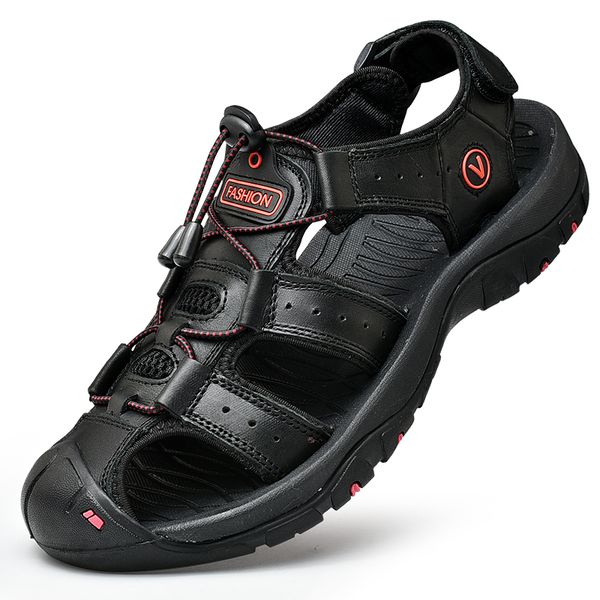 

sandals men's summer genuine leather men shoes classic comfortable outdoor roman beach big size, Black