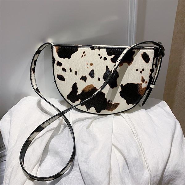 

retro cow pattern ladies small halfmoon bags pu leather zipper women handbags fashion female saddle shoulder bag bolso mujer