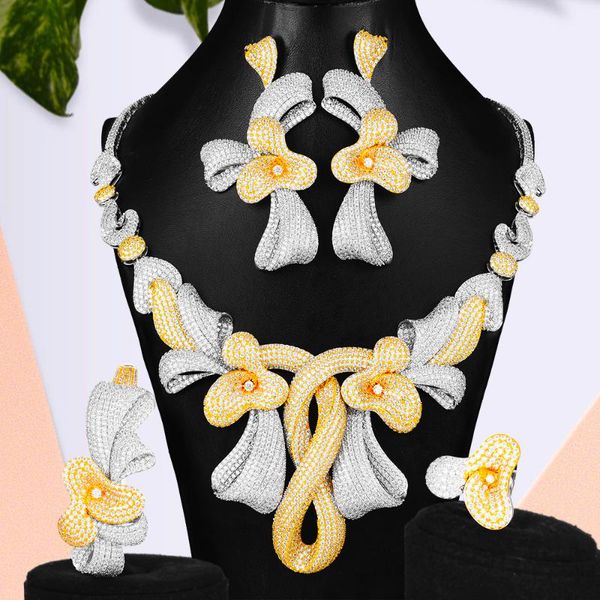 

godki luxury 4 pcs bowknot flowers women wedding cubic zirconia statement choker necklace drop earrings dubai jewelry sets, Silver