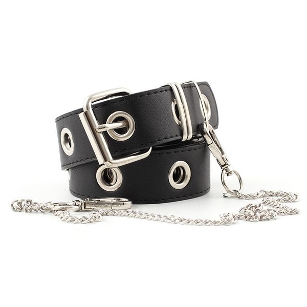 

new designer harajuku chain wide belt web grommet hole buckle belt female male waist strap belts for women men jeans, Black;brown