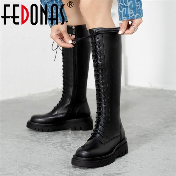 

boots fedonas winter knee high for women wide calf genuine leather cross tied shoes woman night club thick heels, Black