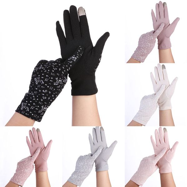 

new sunscreen summer mittens flower print elegent fashion women touch scream gloves cotton soft non-slip solid color, Blue;gray