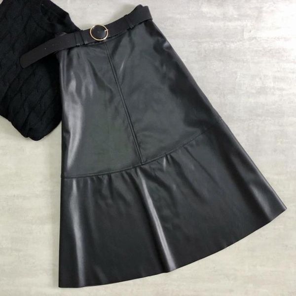 

autumn winter high waist midi skirts womens elegant black punk gothic casual pleated fleece pu faux leather office skirt female