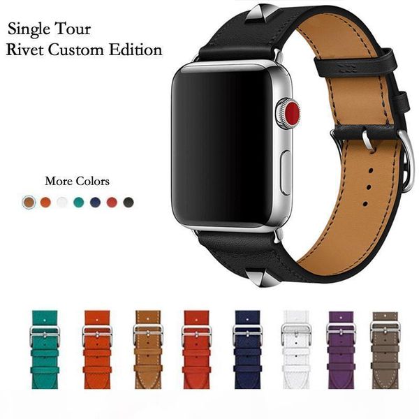 

genuine leather rivet custom edition single tour watch band strap for herm apple watch series 4 1 2 3 iwatch 38 42mm t190620, Black;brown