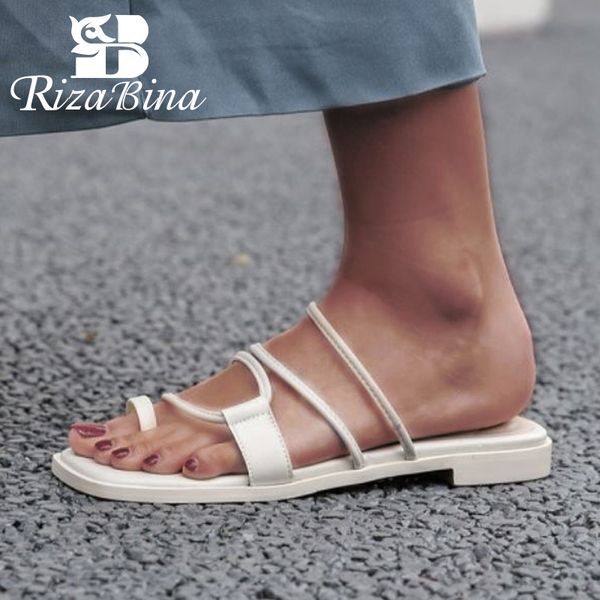 

rizabina new flat heel women sandals genuine leather slip on summer shoes woman fashion casual vacation woman shoes size 33-40, Black