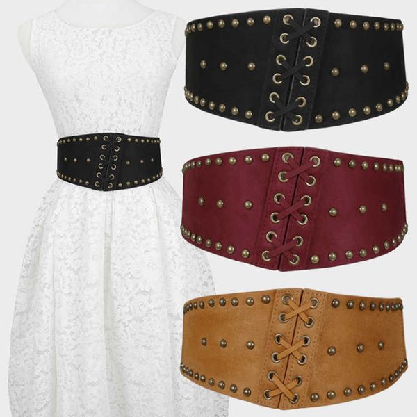 

new vintage black leather cummerbunds female woman belt studded elegant women's belts punk rivet stretchy dress decoration lady, Black;brown