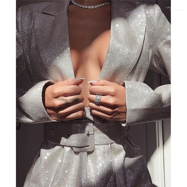 

long sleeve suit coats with sashes desigenr womens jacket fashion womens designer coats slim shining v neck, Black;brown