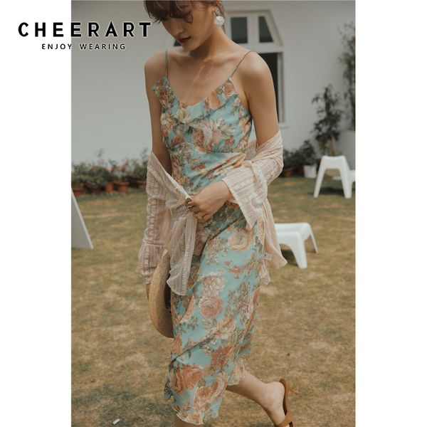 

cheerart summer long bodycon slip dress summer spaghetti strap ditsy floral dress women sundress wrap fashion 2020, Black;gray