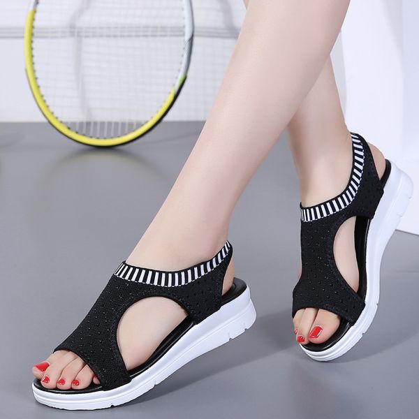 

2020new summer students sandals women's breathable elastic band thick bottomed fish mouth mesh casual sandals, Black