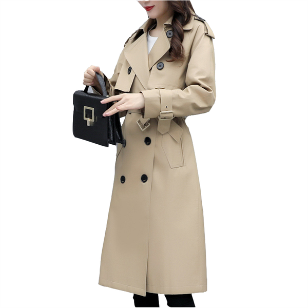 

women's trench coats 2021 spring windbreaker medium long korean plus size slim over the knee autumn overcoat, Tan;black