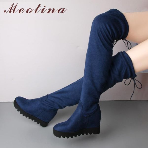 

meotina over the knee boots winter thigh high boots women platform wedge heel faux suede slim footwear black