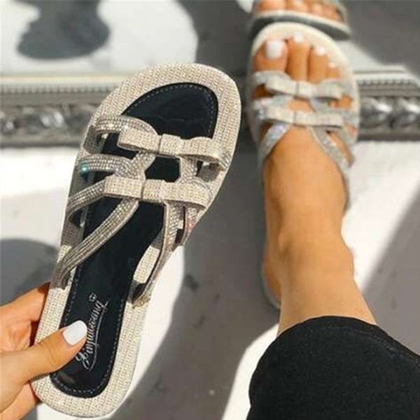 

bonjean 2020 summer female slippers fashion plus size shoes crystal decoration beach foot wear flat with slippers bj2715, Black