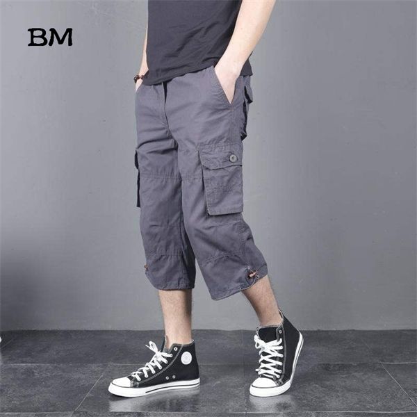 

2020 summer cargo shorts men many pocket half trousers short casual loose camo shorts knee length with belt bermuda male, Black