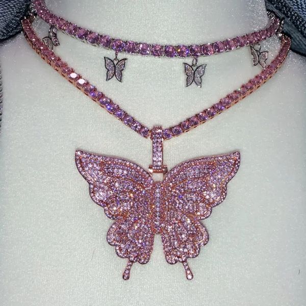 

2020 розовых ювелирных изделия падения бабочки очарование колье ожерелья женщин девушки слой розовато 5a cz теннис цепи круто рок хип-хоп юв, Silver