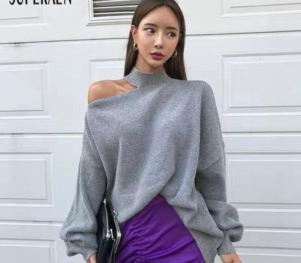 

superaen korean off shoulder pullovers sweater women 2019 autumn and winter new irregular ladies sweater solid color knit t200101, White;black