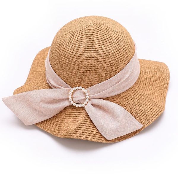 

fashion women's outdoor breathable straw hat summer new korean-style bowknot pearl holiday beach foldable uv protection sun hats, Blue;gray