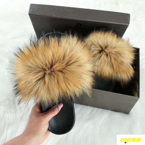

new fluffy faux fur slides women fur slippers furry raccoon sandals fake flip flops home fuzzy woman casual plush shoes, Black