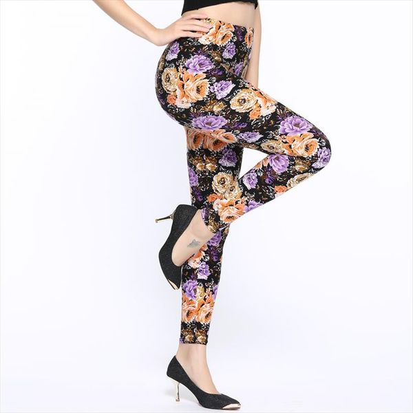 

2020 spring and autumn flowers printing high waist leggings pant casual women print elasticity fitness leggins female, Black