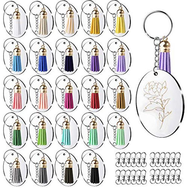 

100pcs acrylic keychain blanks with circle clear keychain ,hooks, leather tassel pendant keychains for diy and crafts, Silver