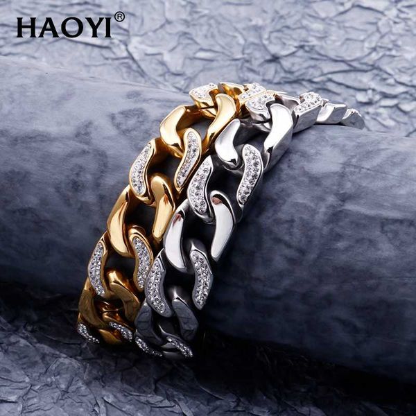 

14mm width hip hop bling iced out cuban link chain bracelet for men rapper jewelry cz rhinestone paved curb bracelet, Black