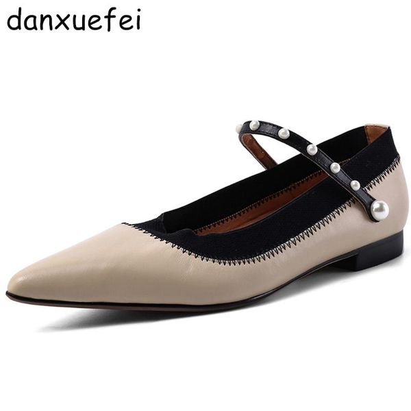 

women's genuine leather beading buckle mary jane ballet flats leisure soft comfortable female ballerinas casual espadrilles shoe, Black