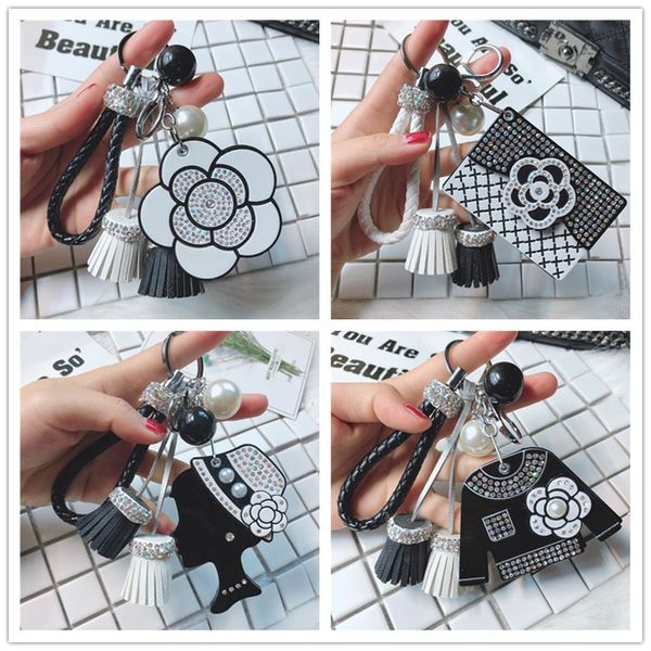 

women creative rhinestone car luxury key chain acrylic small mirror fashion flower makeup mirror key chain bag ring pendant, Silver