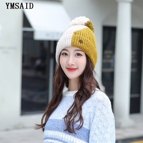 

ymsaid winter pompom hat for women knit beanie winter femme hat warm hats girls skullies beanies, Blue;gray