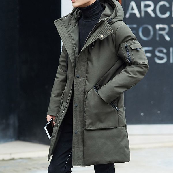 

pockets long down coat men hooded thick warm winter down jacket fashion outerwear new 2019 autumn winter collection plus size, Black