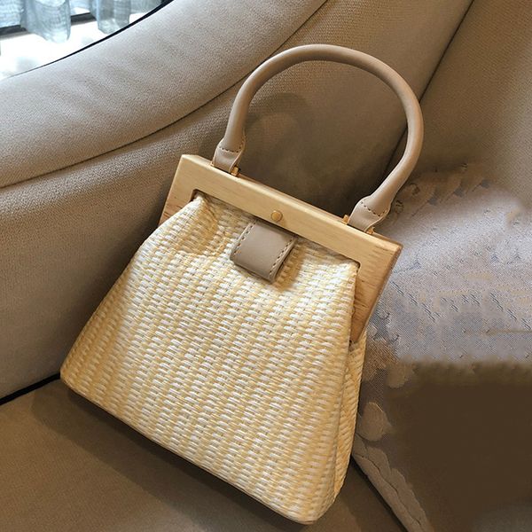 

woven straw bags 2020 fashion wooden clip women handbags purse rattan shoulder messenger bag lady summer travel beach sac