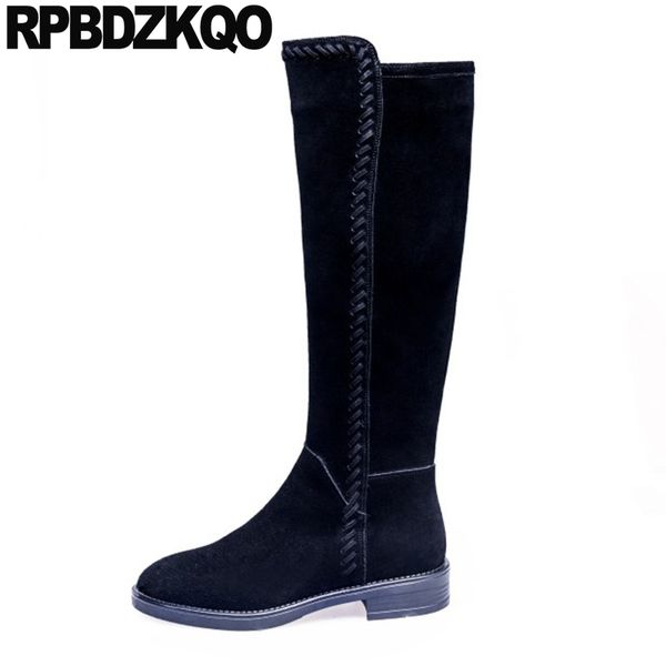 

fall shoes black fur long size 34 side zip boots genuine leather block suede women tall knee high chunky winter round toe luxury