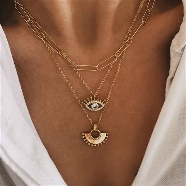 

bohemian fan eye crystal pendant necklace for women gold color link chains multilayer chokers necklace party jewelry collares, Silver